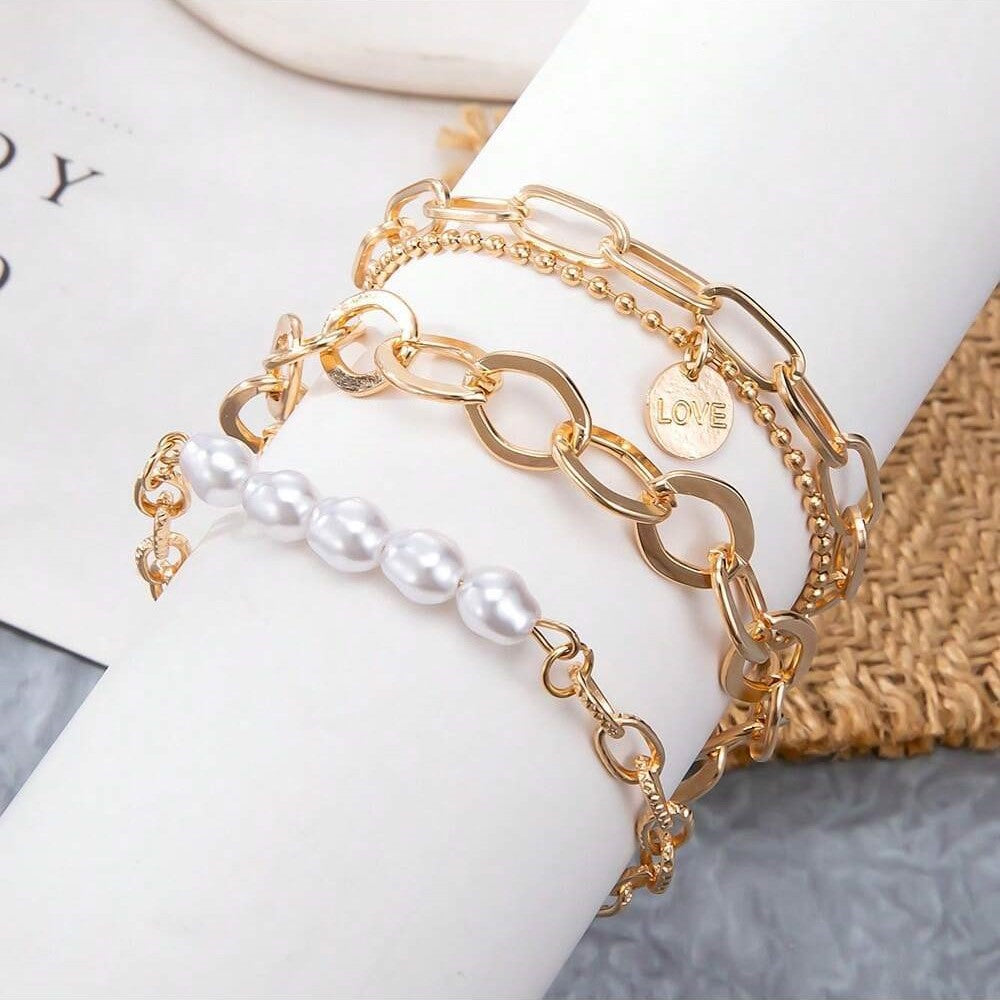 Set aus 3-teiligem goldenen Perlenarmband - großes Kettenset
