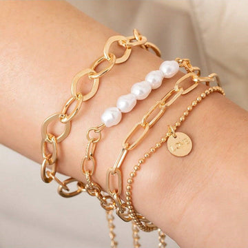 Set aus 3-teiligem goldenen Perlenarmband - großes Kettenset