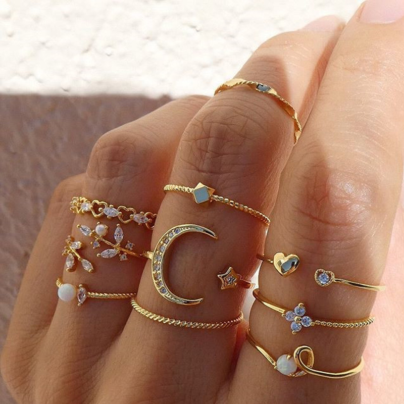 Mond und Stern - Mode-Ring im 10er Set