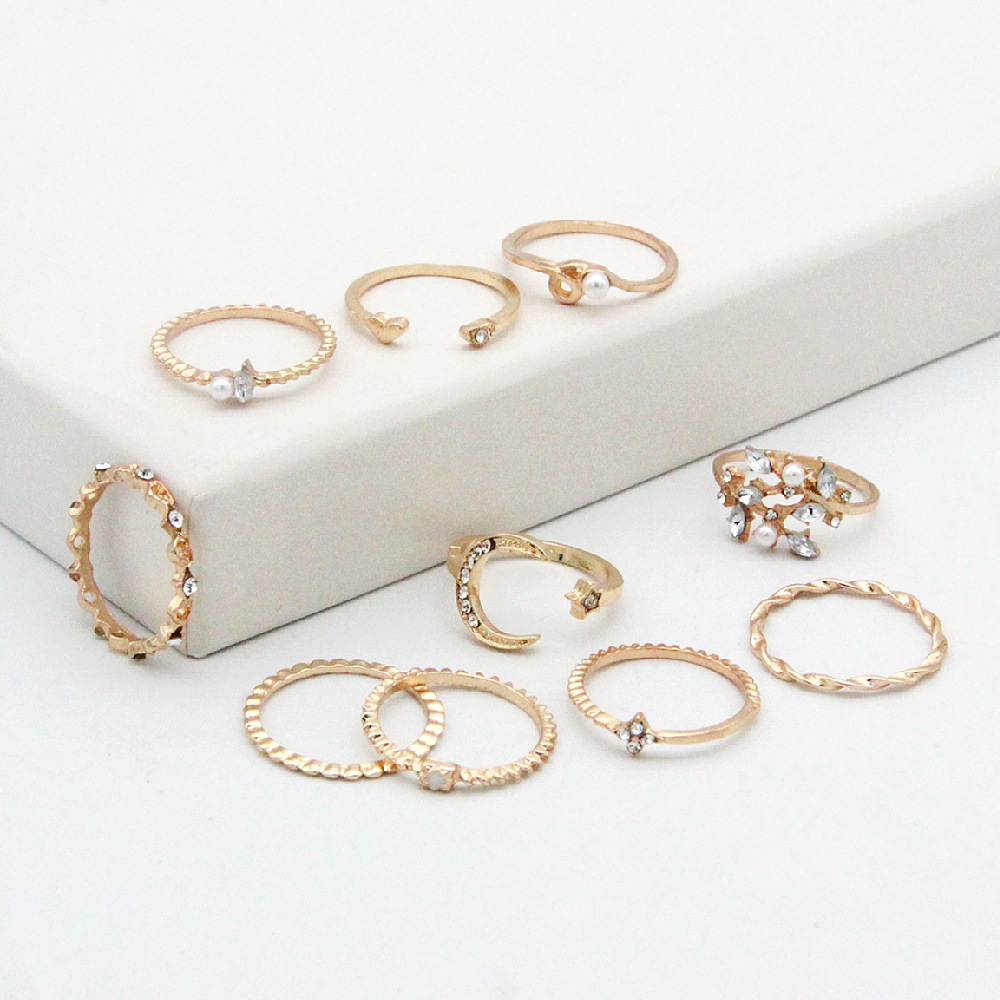 Mond und Stern - Mode-Ring im 10er Set
