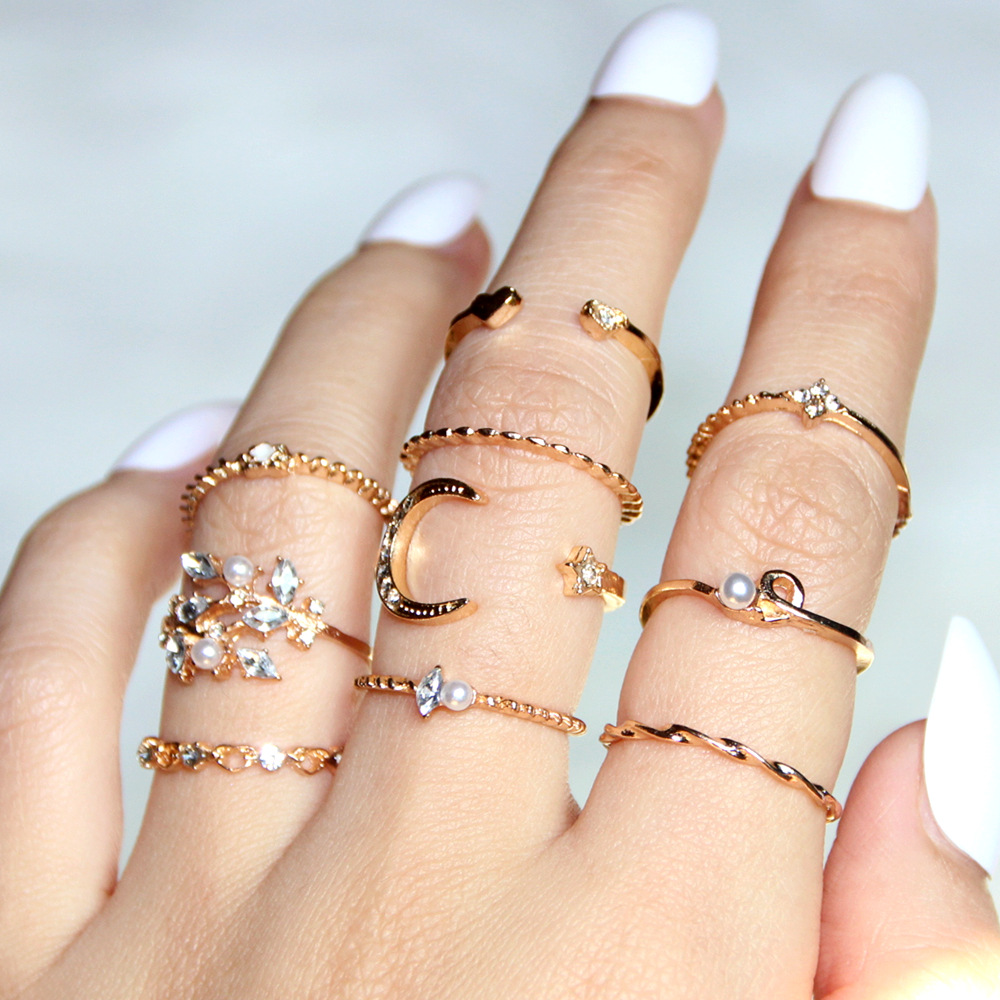 Mond und Stern - Mode-Ring im 10er Set