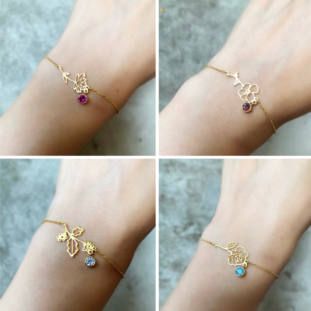 Geburtstagsblumenarmband - Armband mit Geburtsstein und Blume
