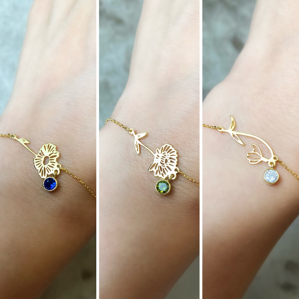 Geburtstagsblumenarmband - Armband mit Geburtsstein und Blume