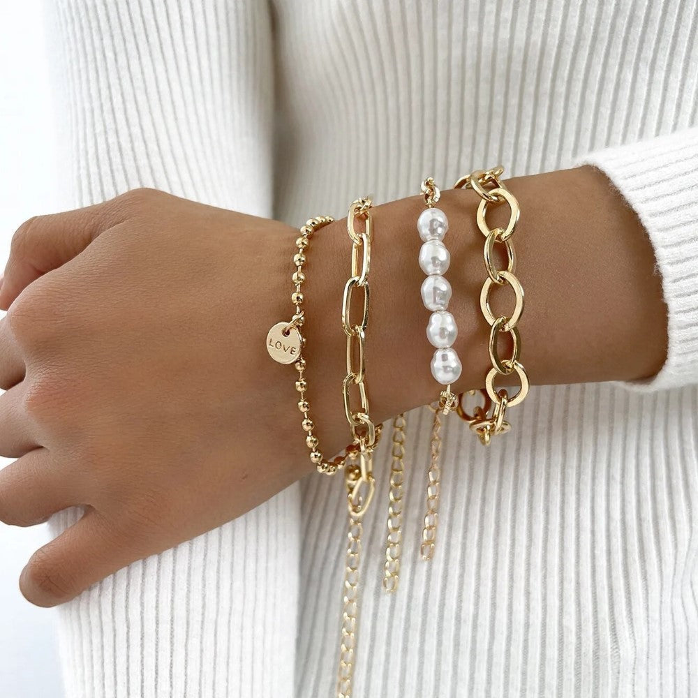 Set aus 3-teiligem goldenen Perlenarmband - großes Kettenset