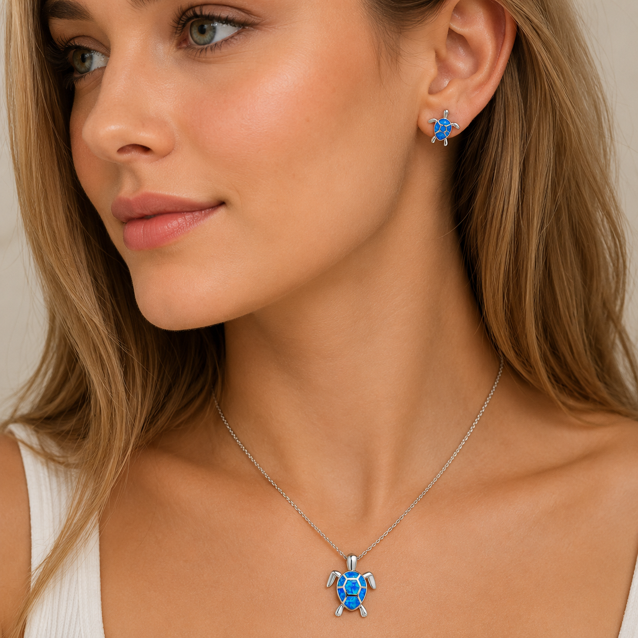 Kailea – Schmuckset aus Opal-Schildkröte und Silber (Halskette + Ohrringe)