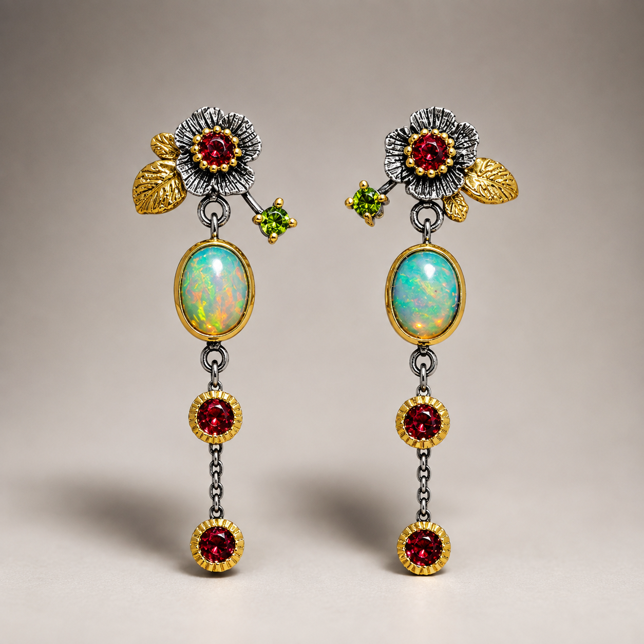 Zyra – Boho Ohrringe mit Opal und roter Zirkonia