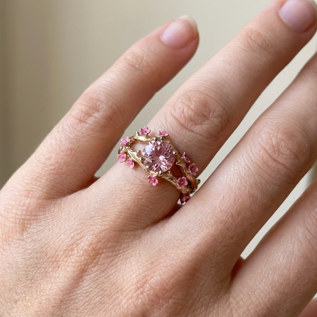 Elina – Verzauberter goldener Ring mit rosa Kristall und Blumen