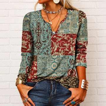 Katharina - Langarm-Boho-Bluse mit V-Ausschnitt