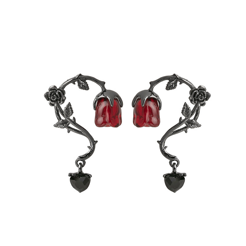 Rosalya – Rote Rose und dunkle Brombeere Ohrringe