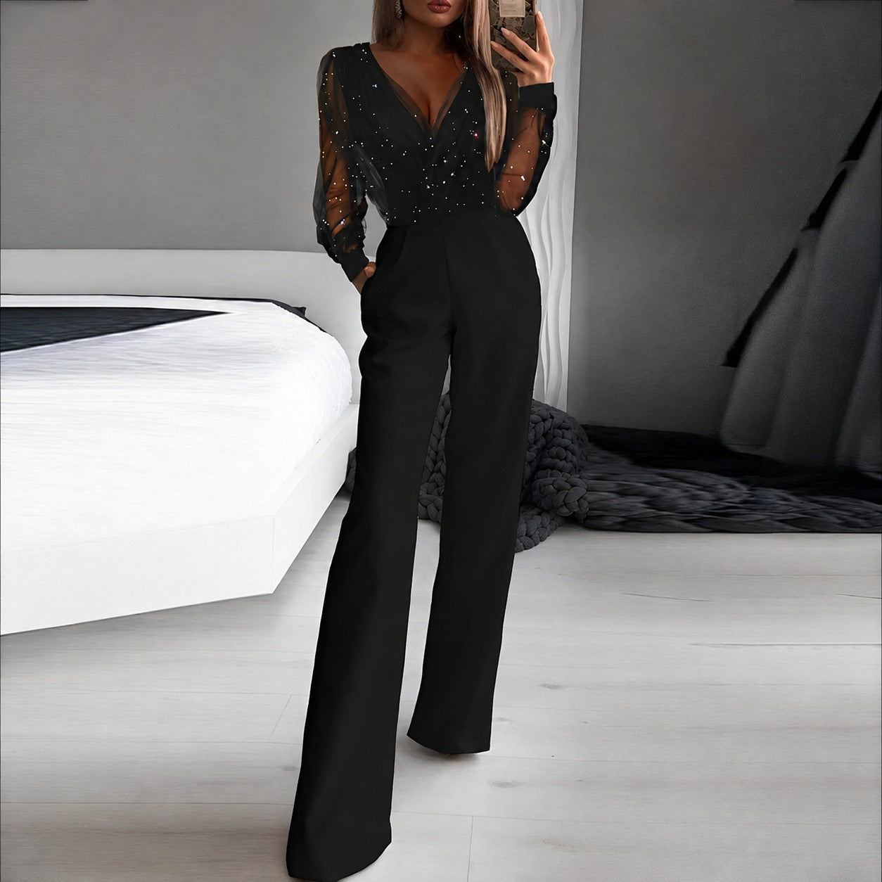 Catherina - Damen-Jumpsuit mit V-Ausschnitt und Glanzeffekt