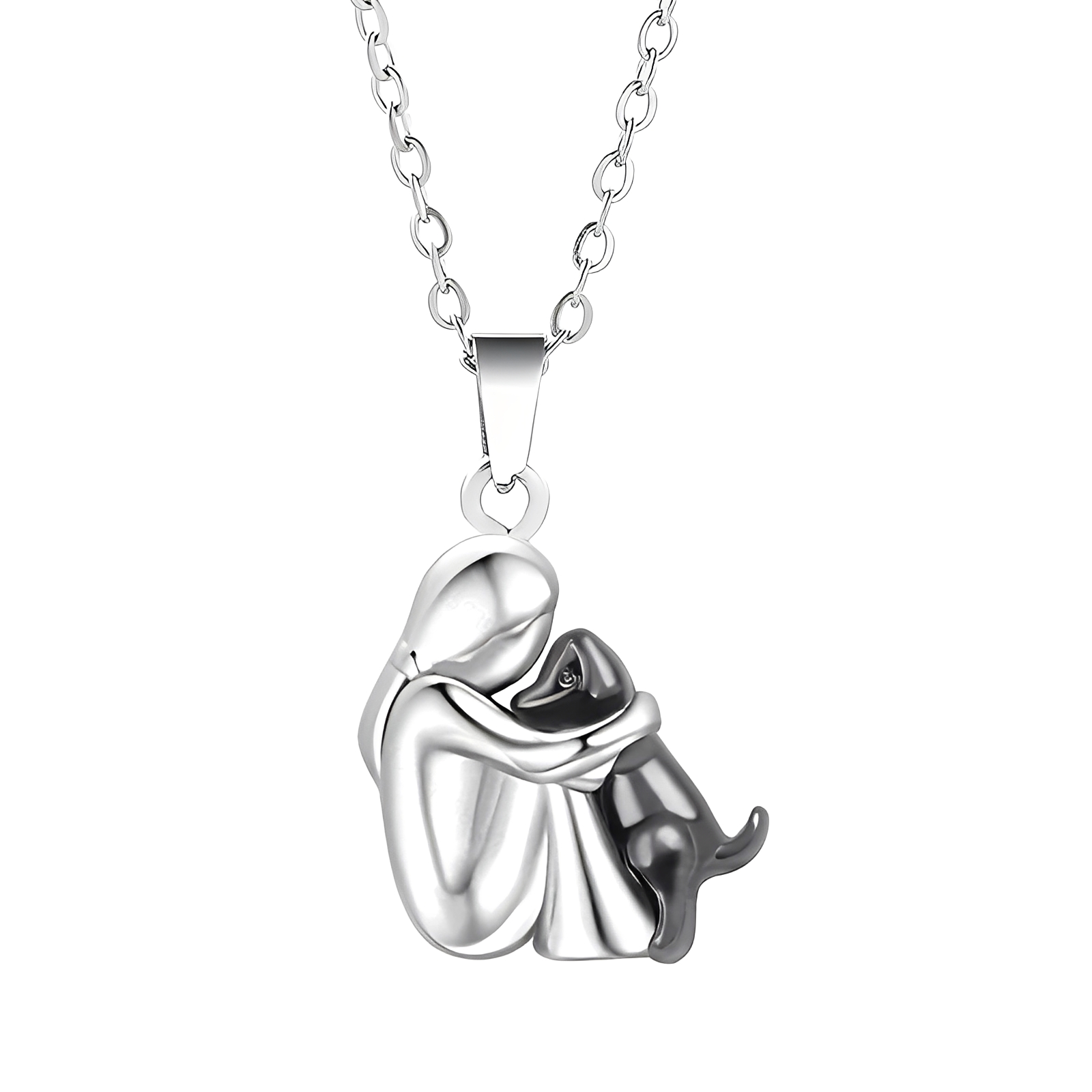 Neko – Halsband mit Anhänger von Hund und Besitzer in Umarmung