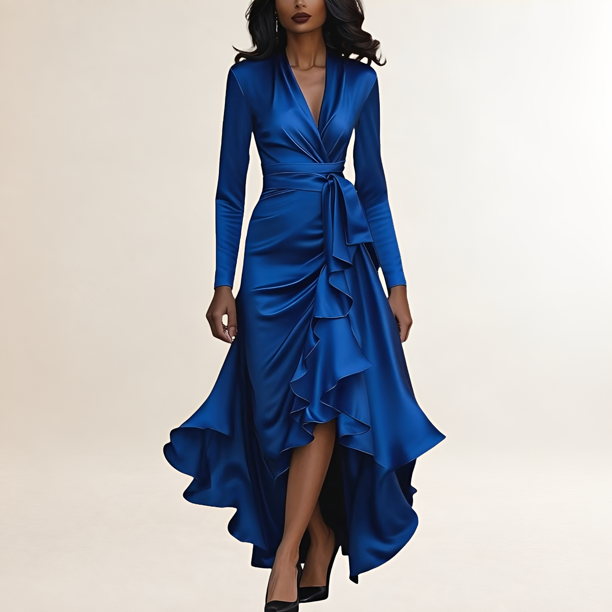 Abendkleid Damen Maxikleid mit Drapierung, Rüschensaum und Taillenschnürung
