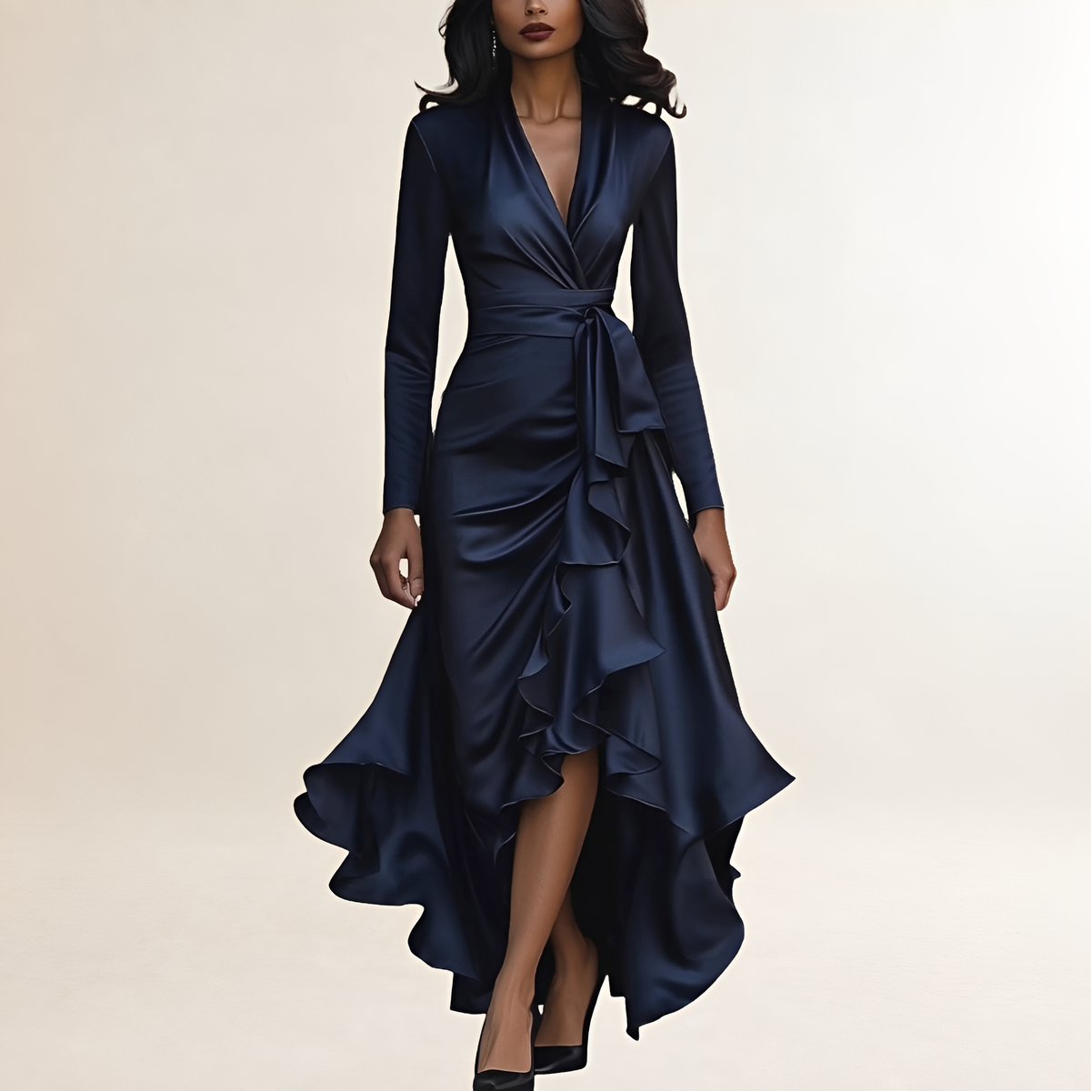 Abendkleid Damen Maxikleid mit Drapierung, Rüschensaum und Taillenschnürung