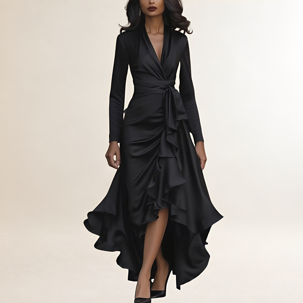 Abendkleid Damen Maxikleid mit Drapierung, Rüschensaum und Taillenschnürung