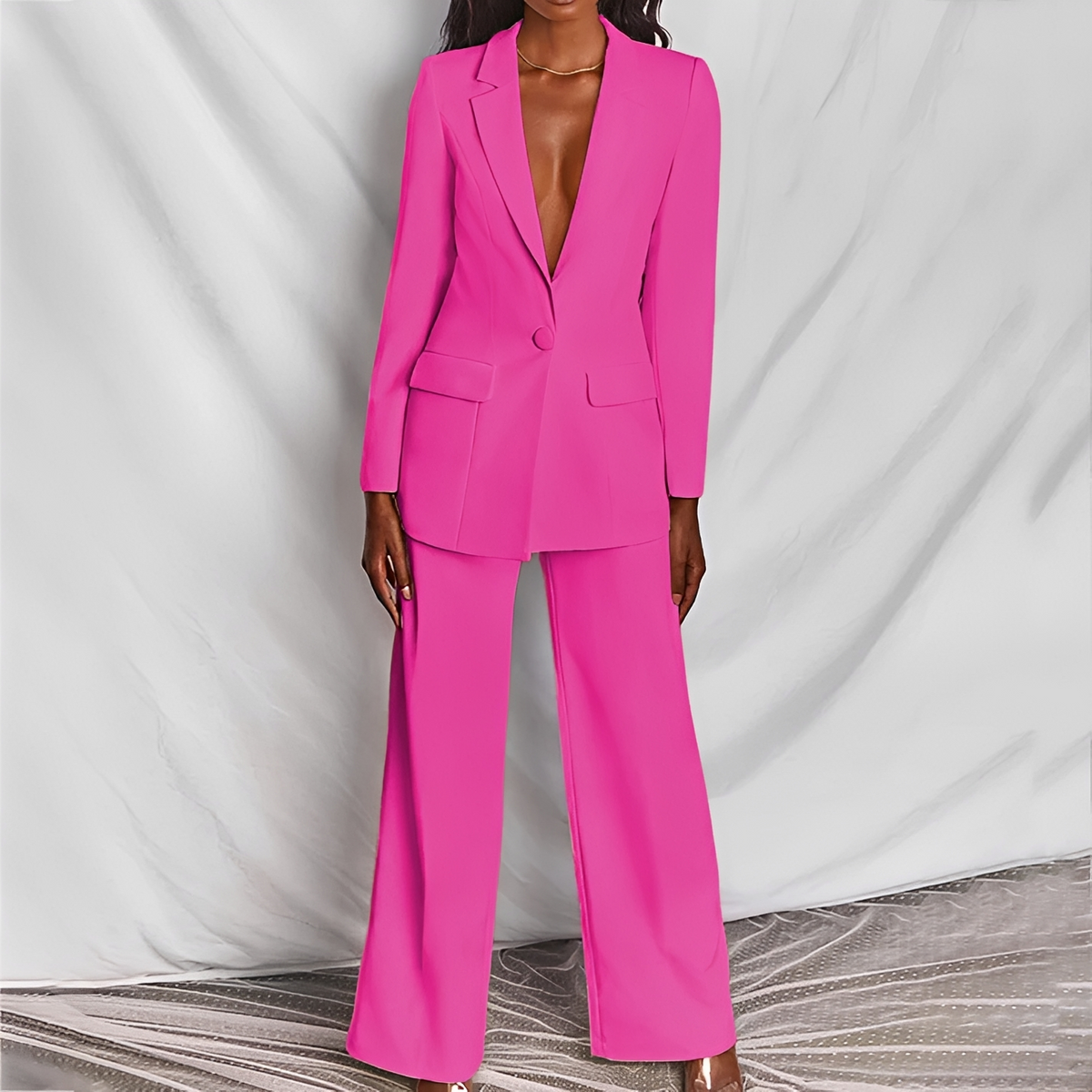 Damen Anzug Set Blazer und Weite Hose - Schlanker Schnitt mit Reverskragen