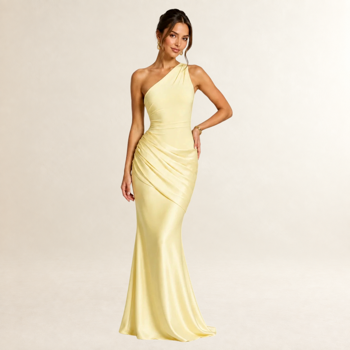 Damen Ein- Schulter Maxikleid mit Drapierung und tailliertem Oberteil