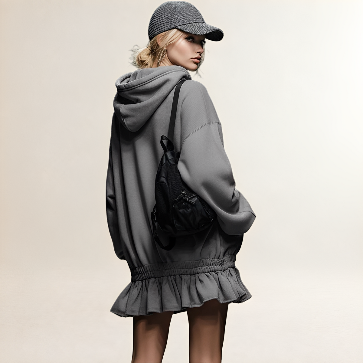 Damen Hoodie Minikleid Oversized Passform Rüschensaum