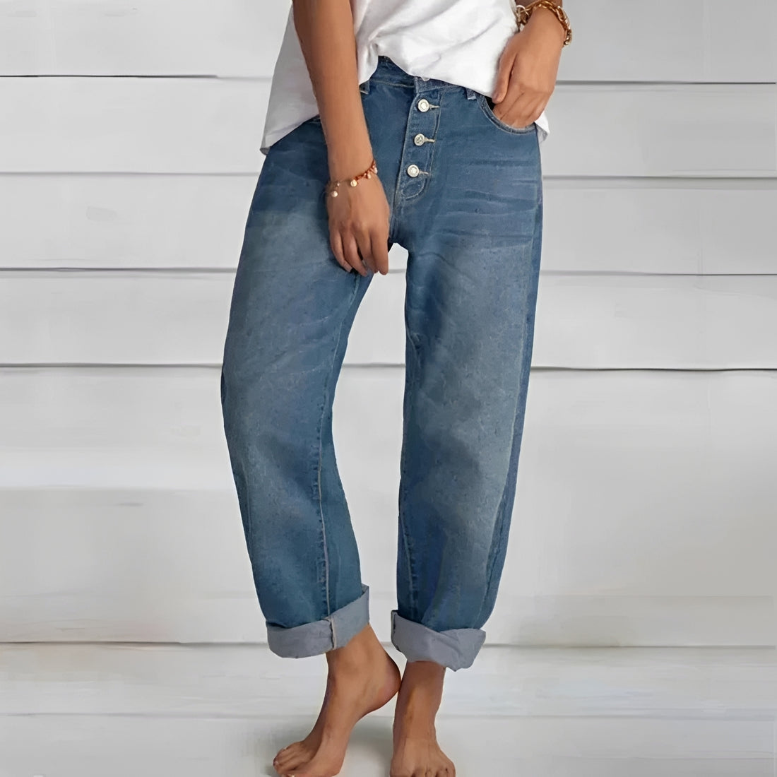 Damen Hose Jeans Hochtailliert Weit geschnitten mit Knopfverschluss und Umschlagbaspel