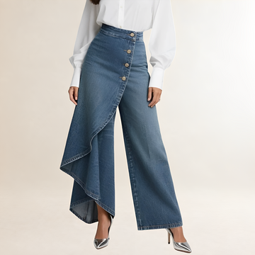 Damen Jeans Hochtailliert Asymmetrischer Überwurf Weitbein Schnitt