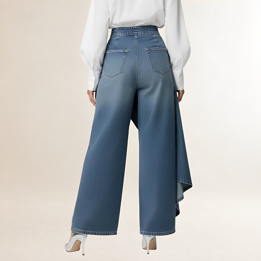 Damen Jeans Hochtailliert Asymmetrischer Überwurf Weitbein Schnitt