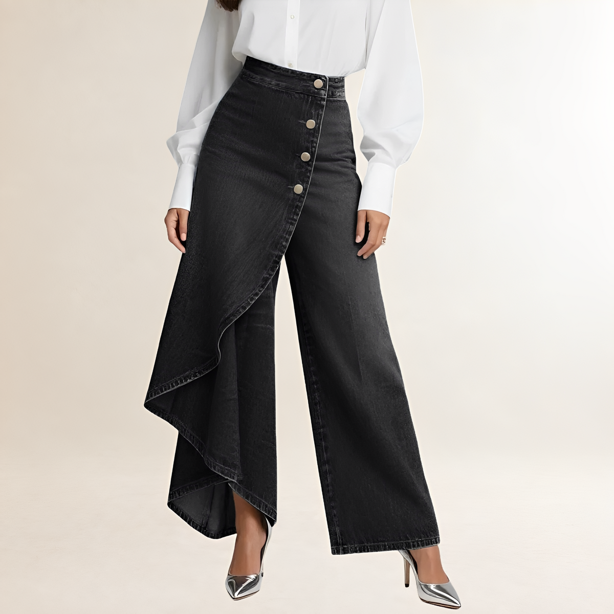 Damen Jeans Hochtailliert Asymmetrischer Überwurf Weitbein Schnitt