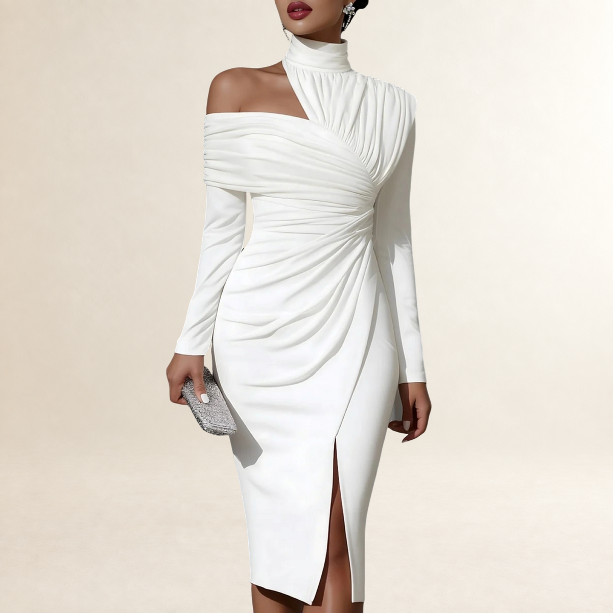 Damen Kleid Langarm Midi Asymmetrisches Ein-Schulter-Design Körperbetonter Schnitt