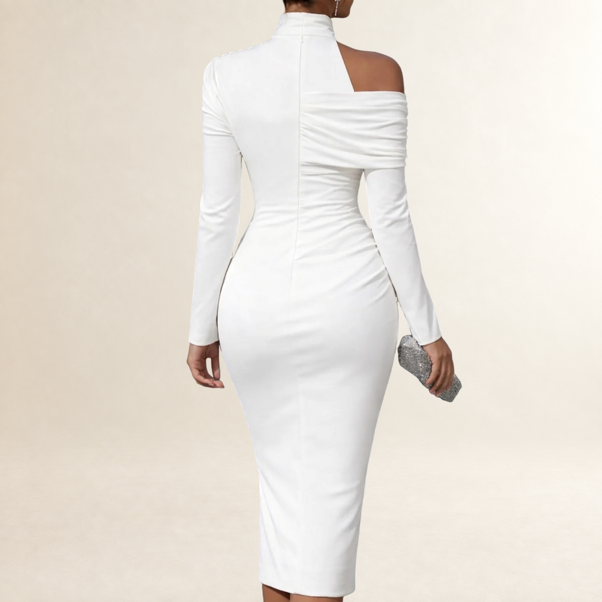 Damen Kleid Langarm Midi Asymmetrisches Ein-Schulter-Design Körperbetonter Schnitt