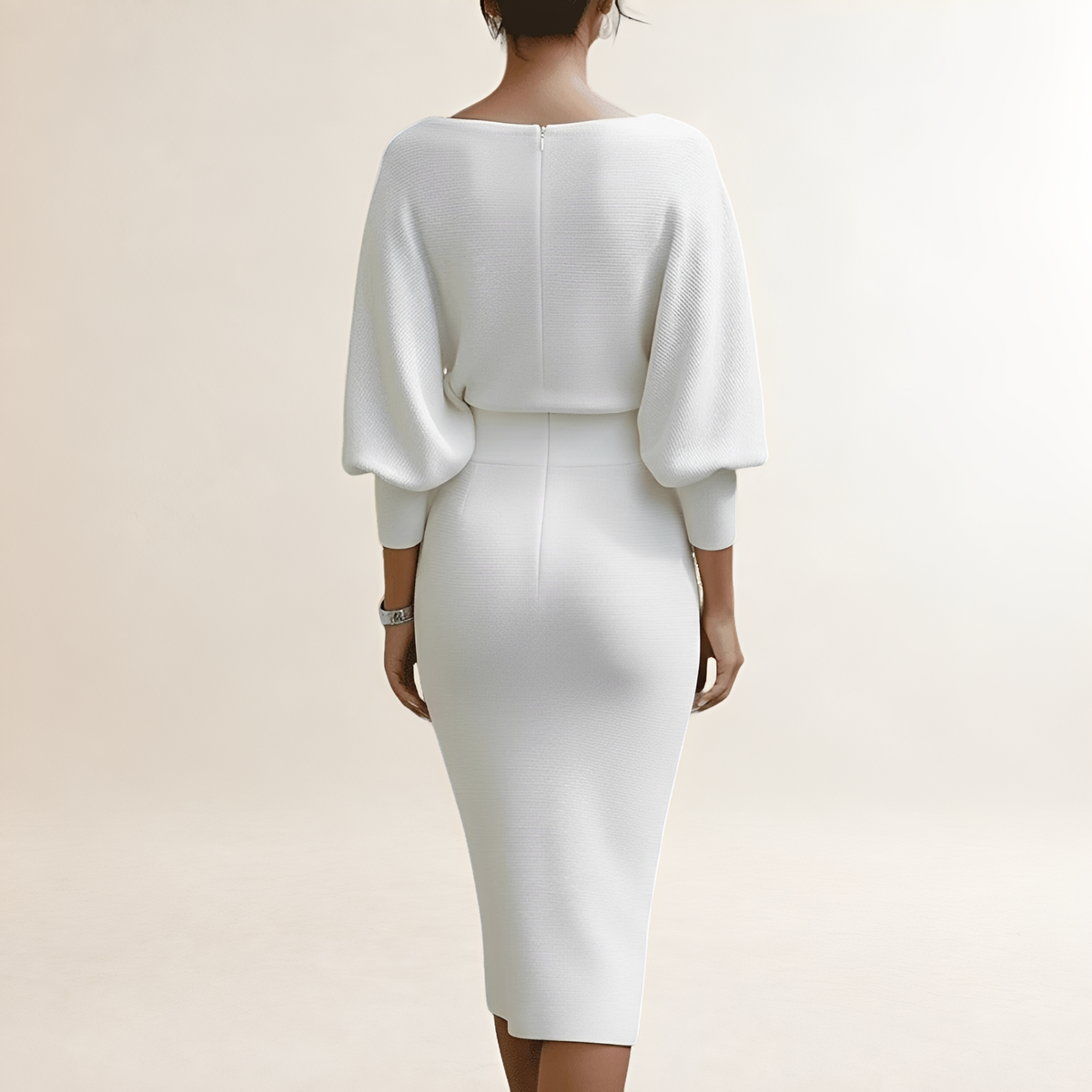 Damen Kleid Langarm Midi mit Drapiertem Cowl-Hals und Batwing-Ärmeln - Enger Schnitt