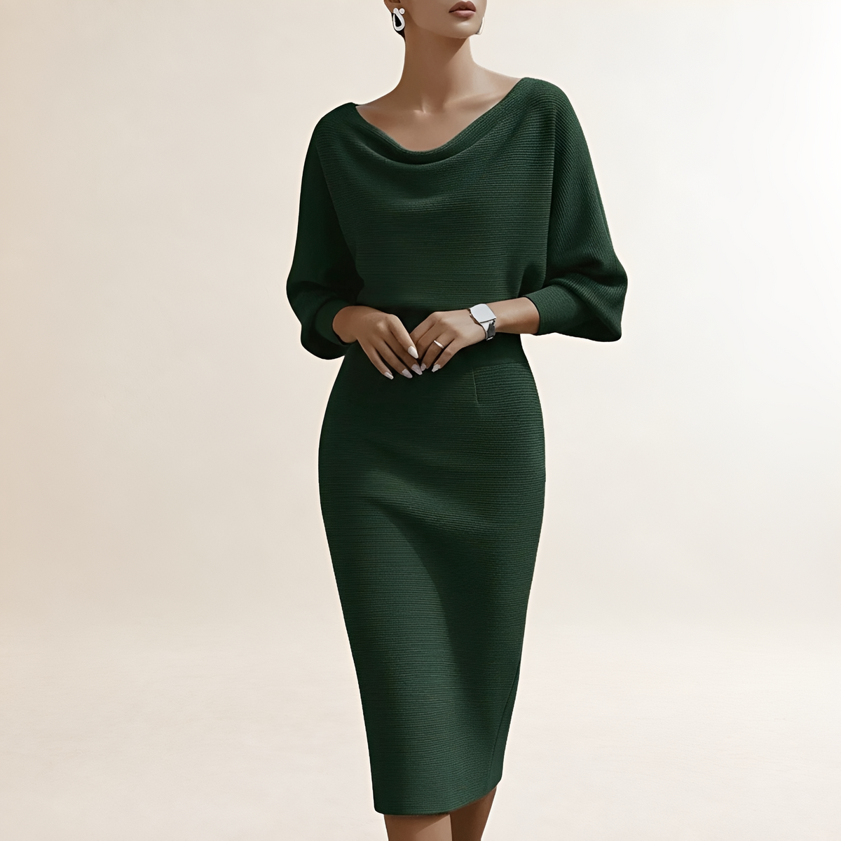 Damen Kleid Langarm Midi mit Drapiertem Cowl-Hals und Batwing-Ärmeln - Enger Schnitt