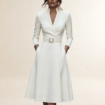 Damen Langarm Midi Kleid mit V-Ausschnitt und Taillengürtel - A-Linien-Schnitt