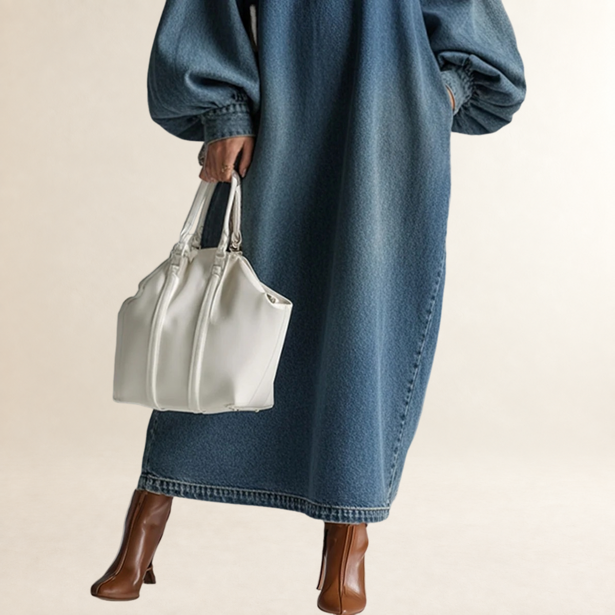 Damen Maxikleid Knopfleiste Ballonärmel Lockerer Schnitt Bodenlang