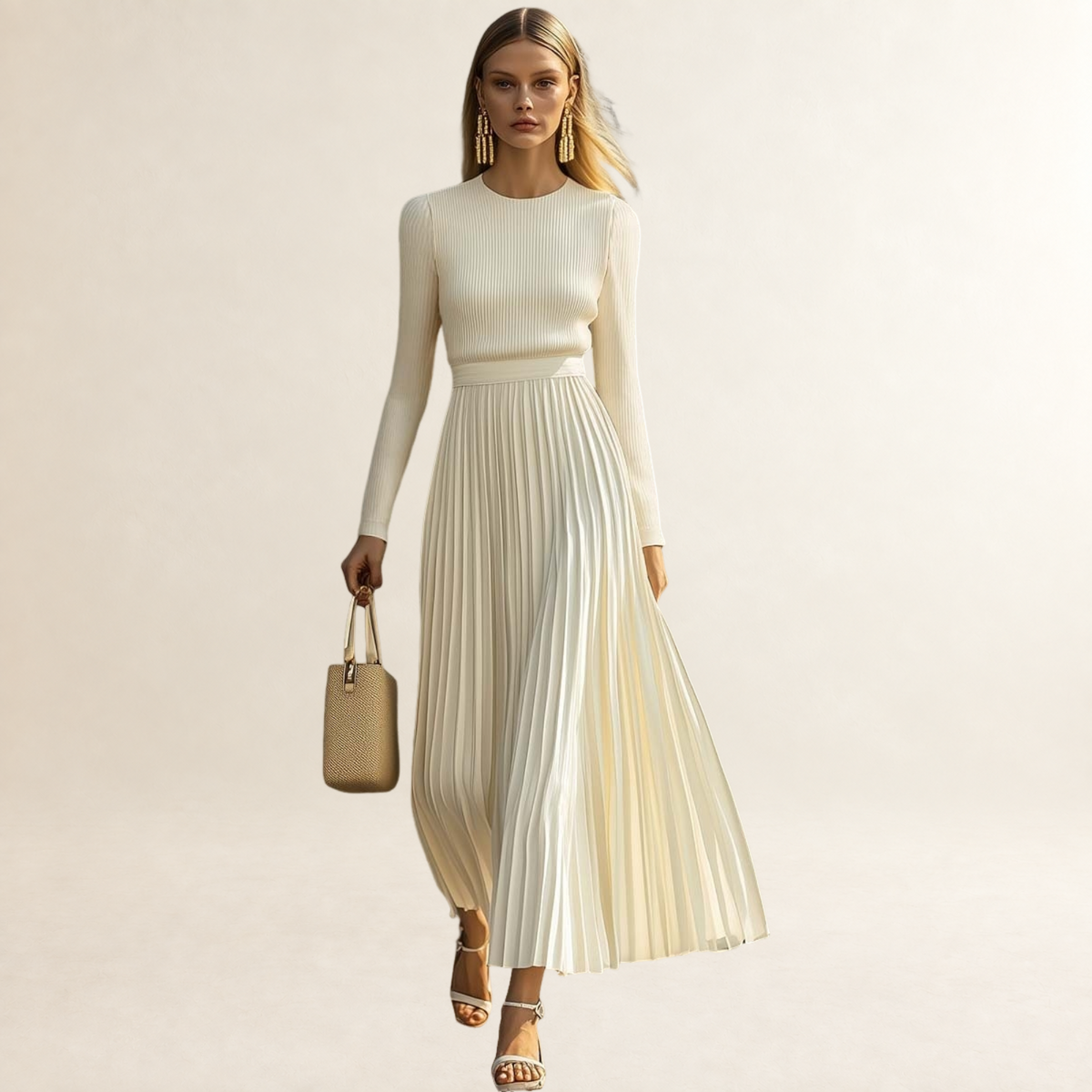 Damen Maxikleid langarm Faltenrock eng anliegend