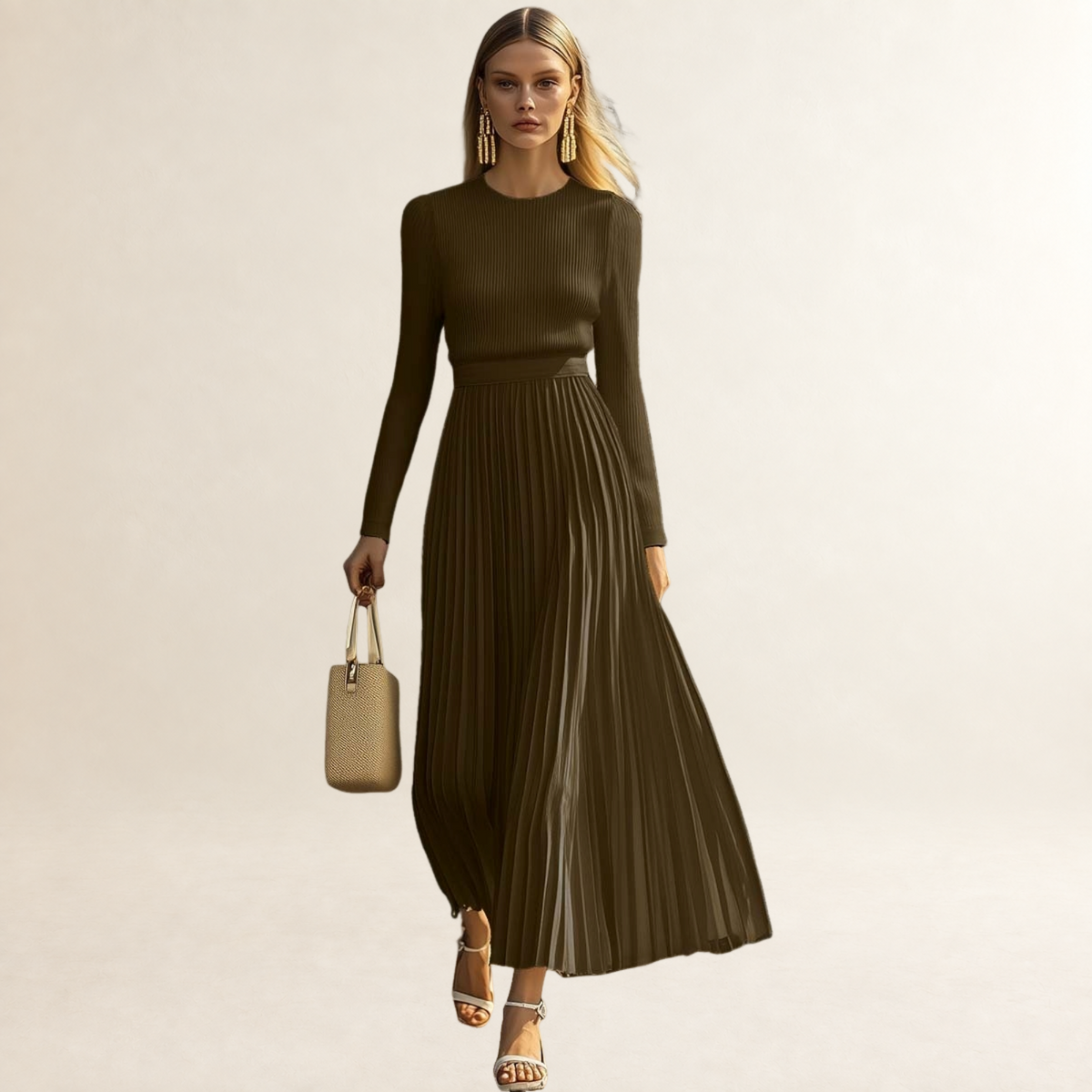 Damen Maxikleid langarm Faltenrock eng anliegend