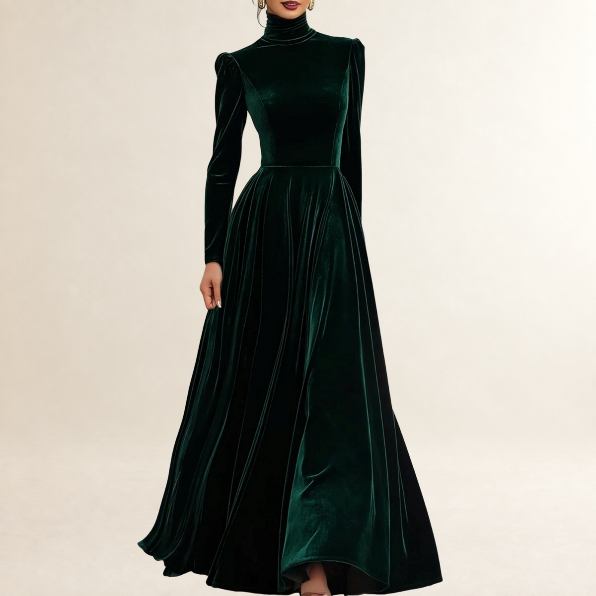 Damen-Maxikleid mit hohem Kragen, eng anliegendem Oberteil und fließendem Rock