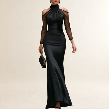 Damen Maxikleid mit Off-Shoulder Ausschnitt und hohem Hals, lange transparente Ärmel, figurbetonter Schnitt