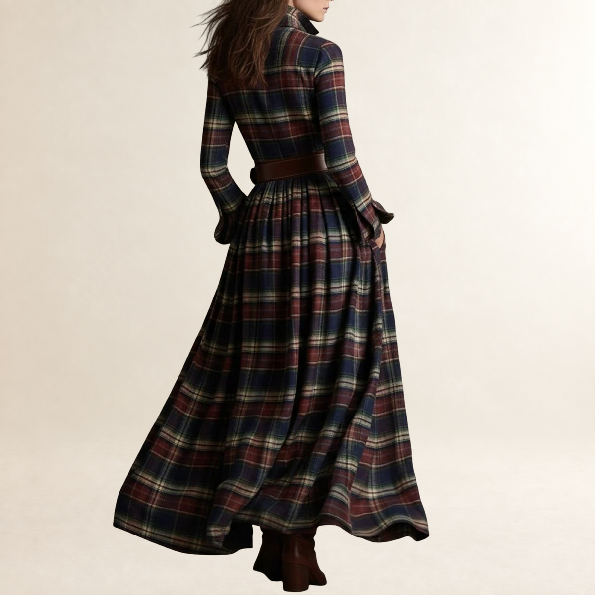 Damen Maxikleid mit Reverskragen und Taillengürtel - lockere Passform, Knopfleiste, lange Ärmel, Karomuster