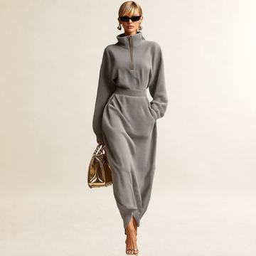 Damen Maxikleid mit Rollkragen, Frontreißverschluss, langärmlig, lockere Passform