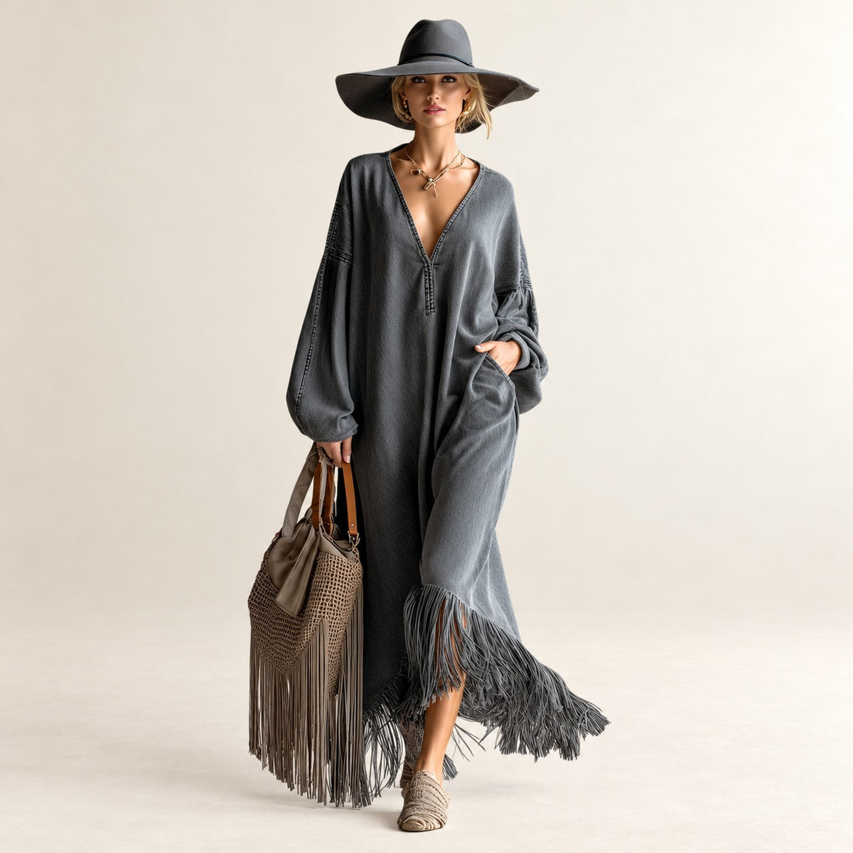 Damen Maxikleid V-Ausschnitt Langarm Freizeitkleid mit Fransen