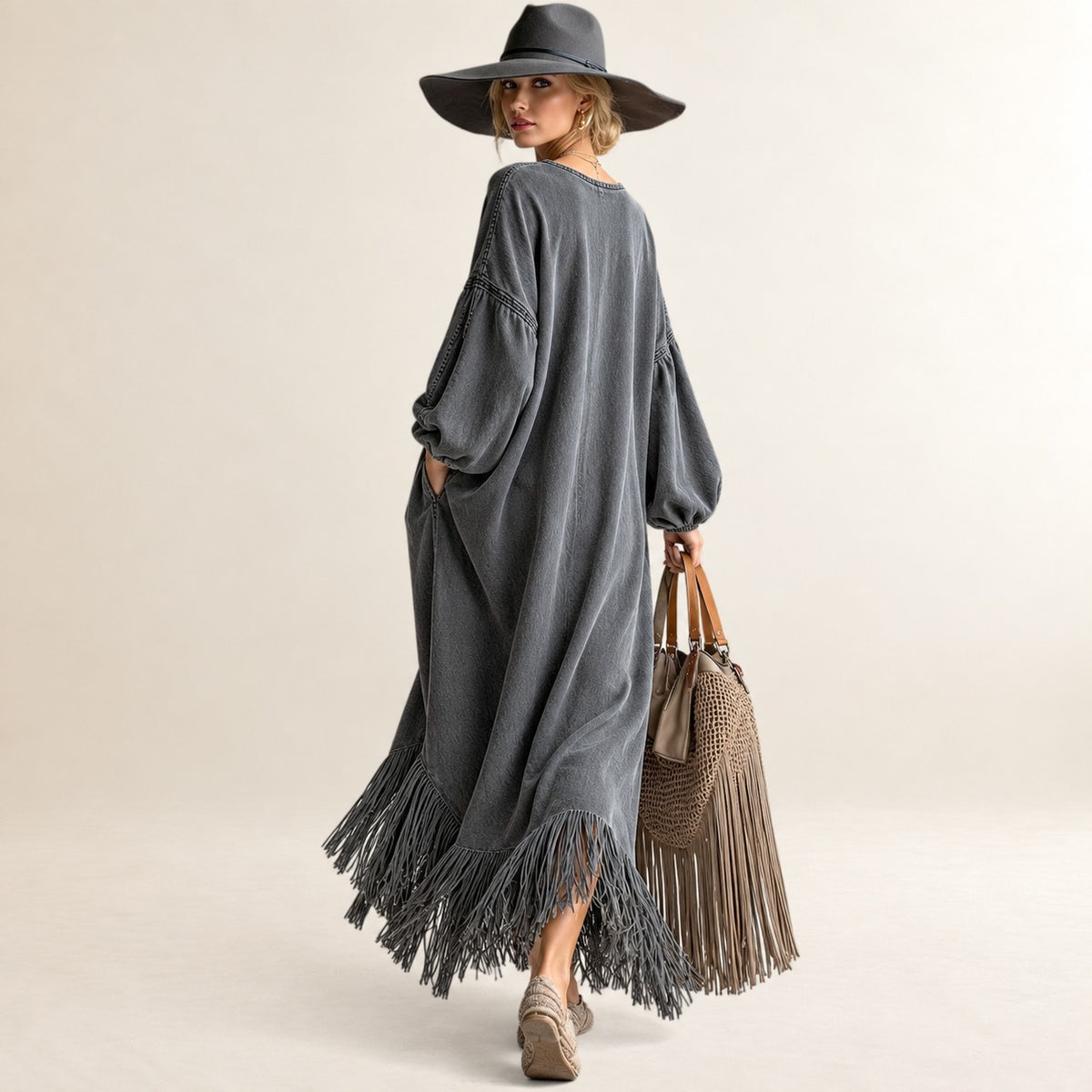 Damen Maxikleid V-Ausschnitt Langarm Freizeitkleid mit Fransen