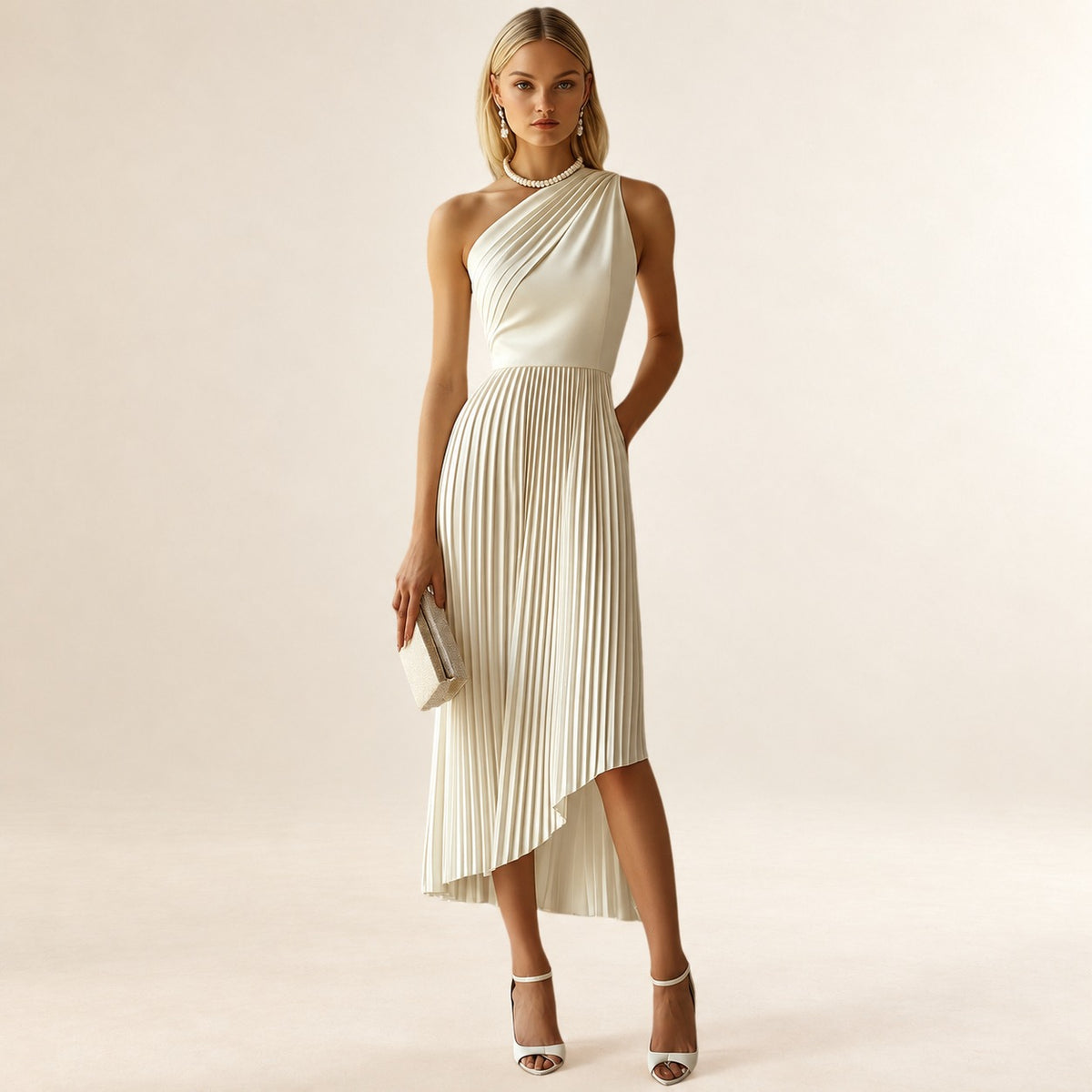 Damen Midikleid Ein- Schulter Faltenrock Hoher Saum