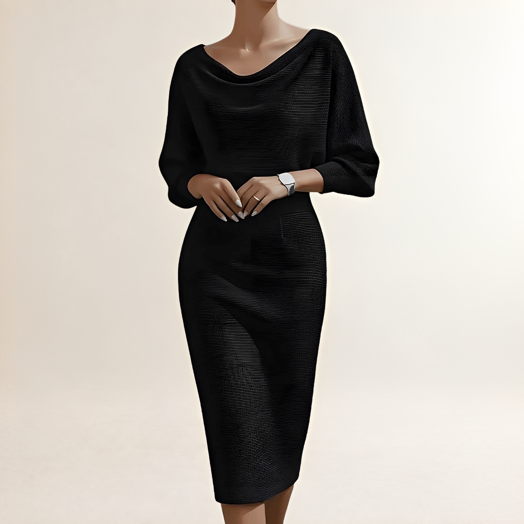 Damen Midikleid mit Draperung und Cowl-Ausschnitt, Batwing-Ärmel, enger Schnitt