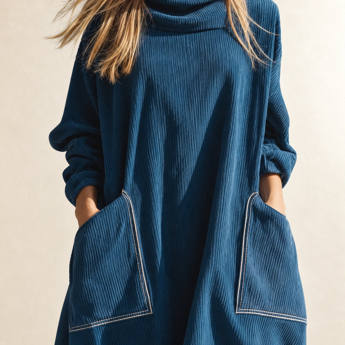 Damen Midikleid mit hohem Kragen, großen Taschen und lockerer Passform