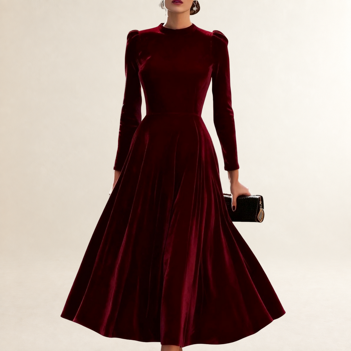 Damen-Midikleid mit langen Ärmeln, figurbetontem Oberteil und ausgestelltem Rock