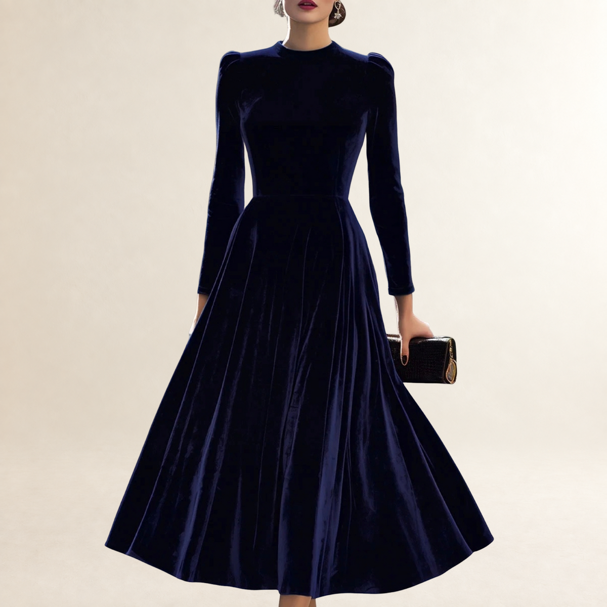 Damen-Midikleid mit langen Ärmeln, figurbetontem Oberteil und ausgestelltem Rock