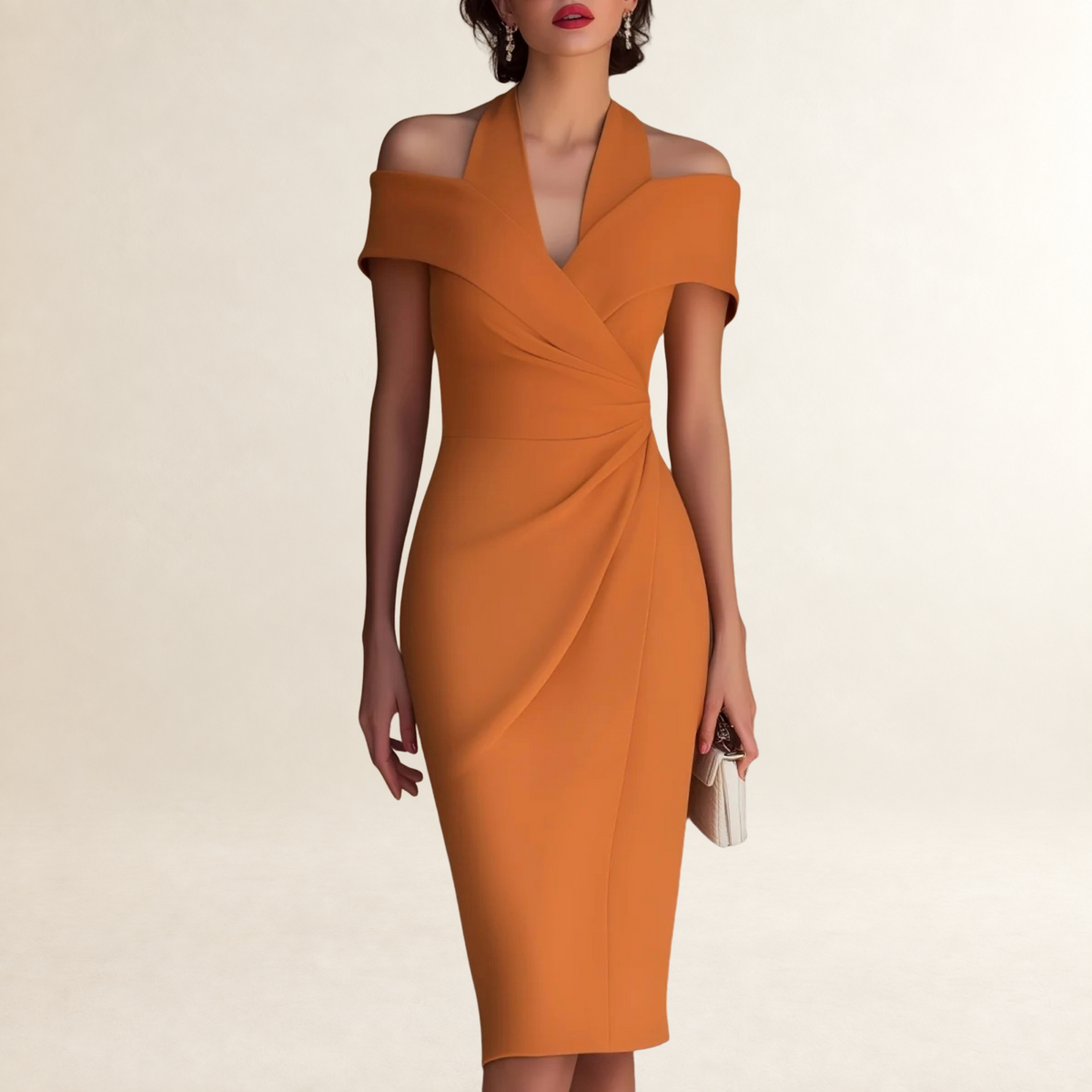 Damen Midikleid Off-Shoulder Wickeloptik mit Raffung und enger Passform