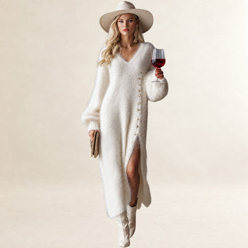 Damen Midikleid V-Ausschnitt Knopfleiste Seitenschlitz Relaxter Sitz