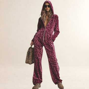 Damen Overall mit Leopardenmuster Kapuzenjacke Reißverschluss lockerer Schnitt