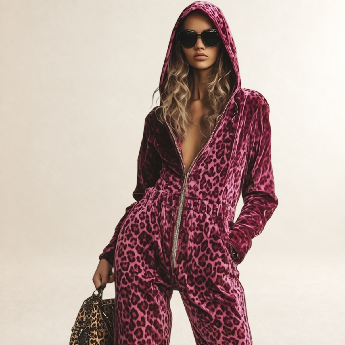 Damen Overall mit Leopardenmuster Kapuzenjacke Reißverschluss lockerer Schnitt