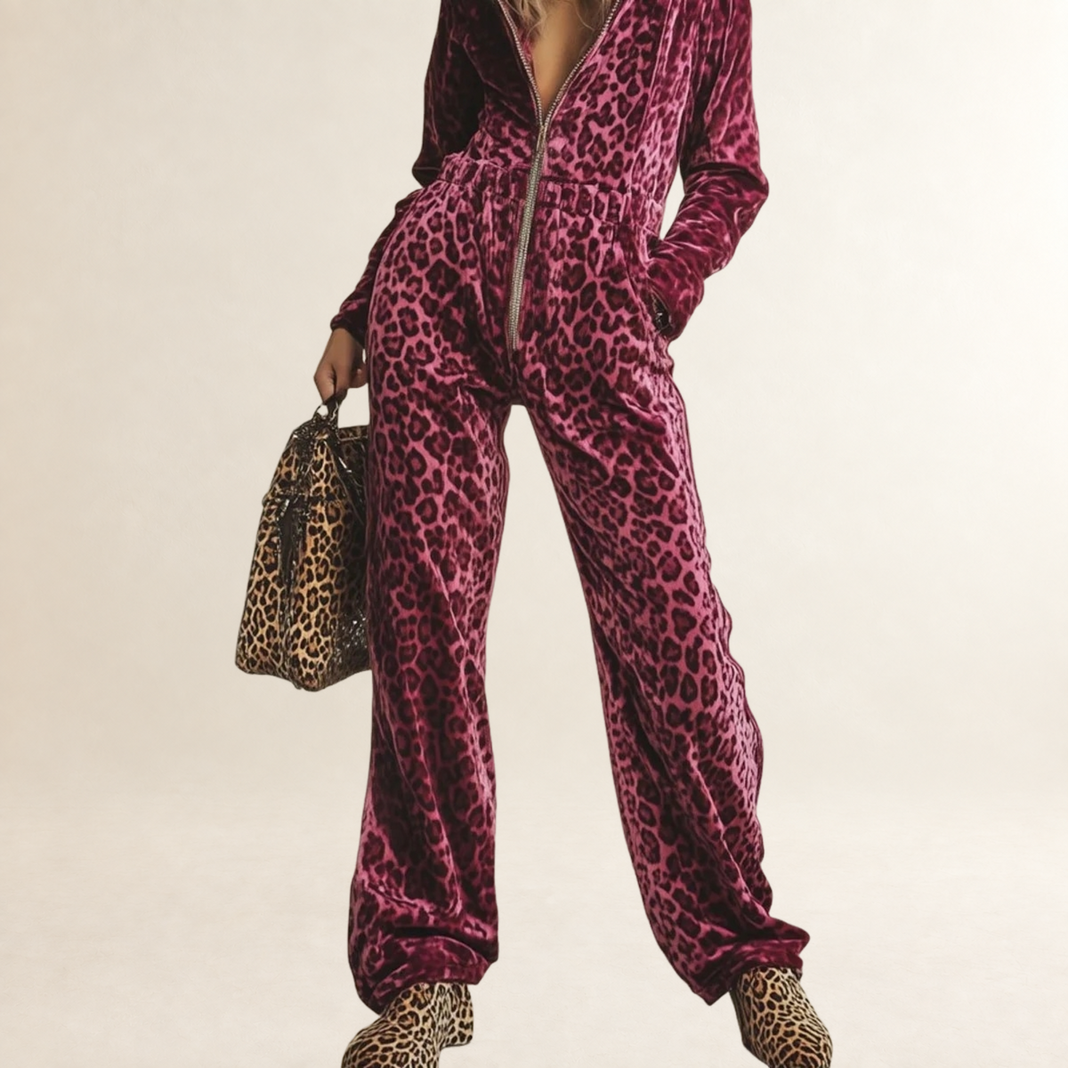Damen Overall mit Leopardenmuster Kapuzenjacke Reißverschluss lockerer Schnitt