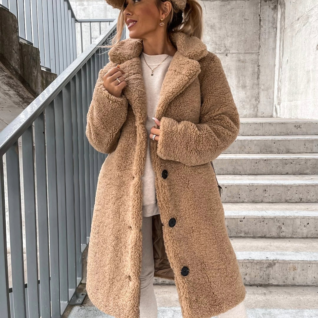 Damen Oversized Teddy Wollmantel - Knopfverschluss, Reverskragen, Relaxter Schnitt